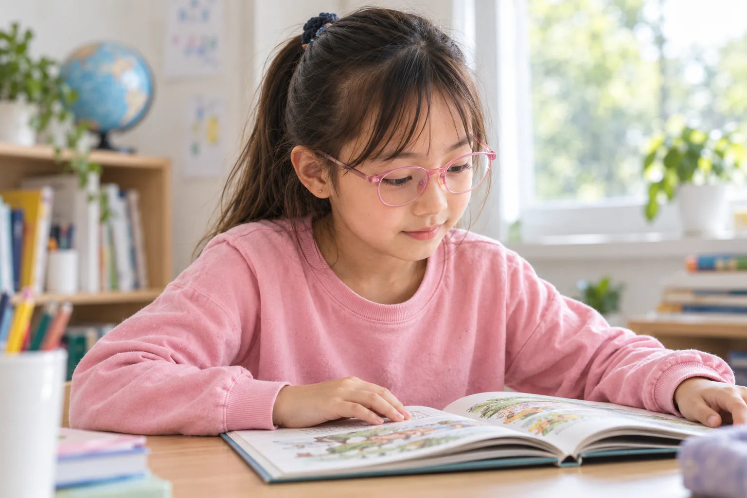 Girl in pink glasses looking down at an open book