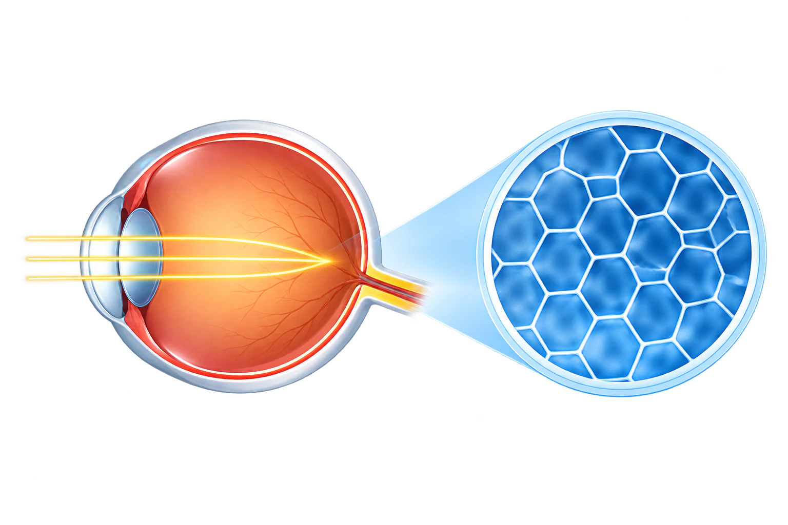Eye cross-section and blue honeycomb magnification, matching the MYOSAFE reference