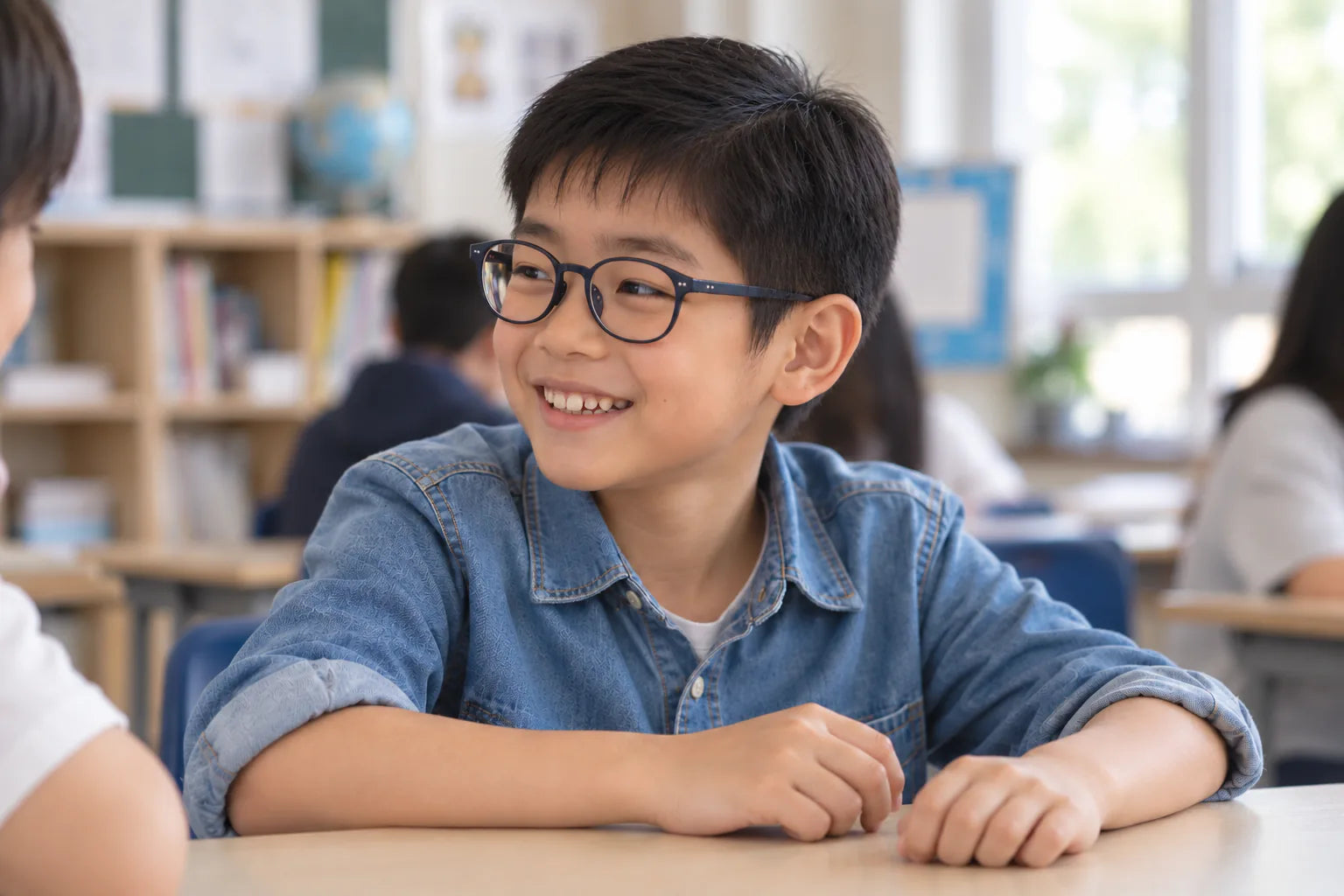 Boy in navy glasses and a blue denim shirt, smiling toward a classmate beside his desk