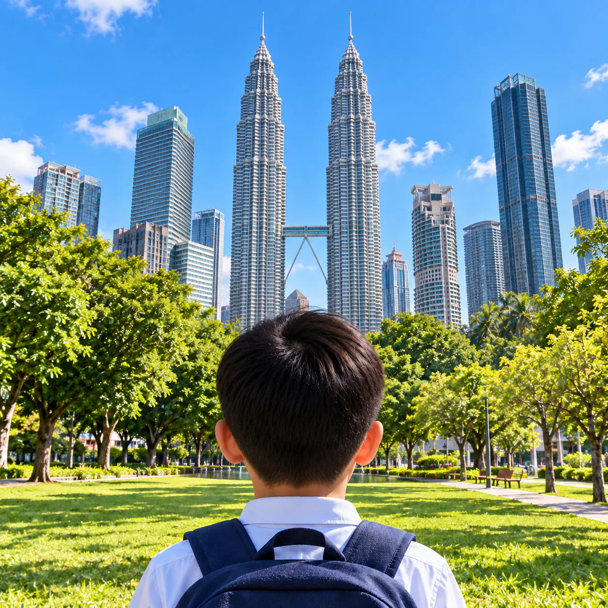 Clear Kuala Lumpur skyline with the Petronas Twin Towers and a child seen from behind